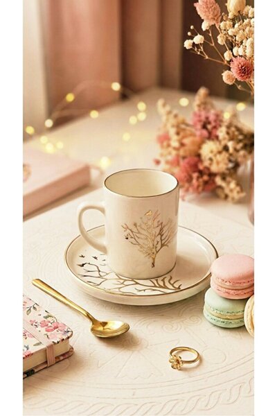 Bonna 2 Person (4 Pieces) Turkish Coffee Cups with Tree of Life Pattern