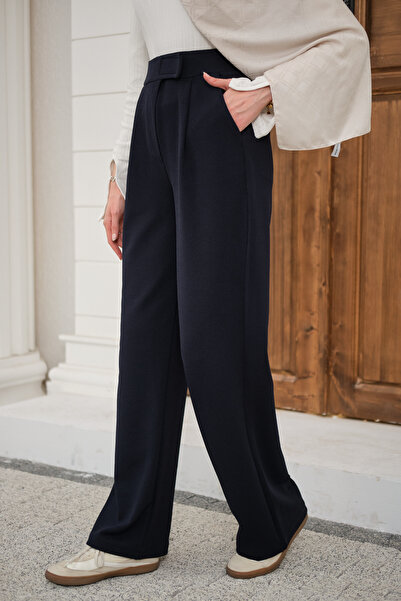 LOCCO Pantaloni de damă din țesătură cu detalii cu cârlige, albastru marin