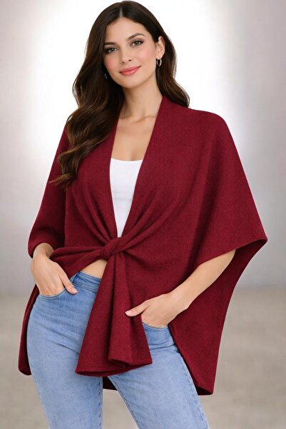 LE CARAMBOLE Women's Burgundy Front Detailed Poncho Cardigan