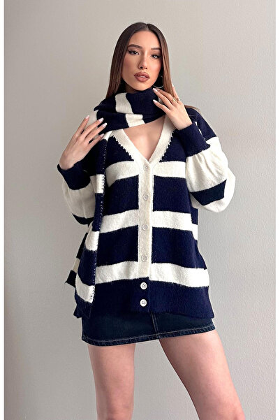 Lamierra Striped Cardigan Scarf Combination Soft Knitwear