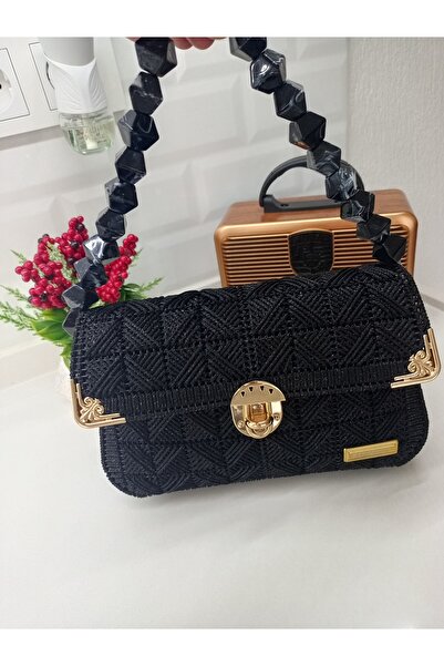 ANGEL LEON DREAM Siyah El Örgüsü Kanvas İşleme Kadın El Çantası Boncuk Askılı...