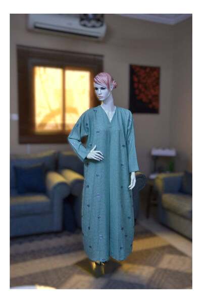 AKZ ملابس - عباية إنجليزية خضراء مفتوحة من الأمام مطرزة مع حجاب (وشاح بلون مغ...