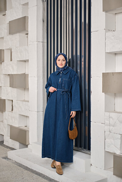 LOCCO Women's Single Pocket Detail Shirt Collar Denim Dress Navy Blue