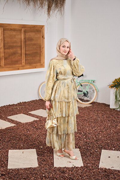 LOCCO Women's Layered Detailed Belted Lined Chiffon Dress Yellow