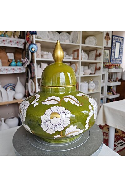 Altın Yaldızlı El Boyaması Çini Küp - 30 cm | Fıstık Yeşili & Şakayık