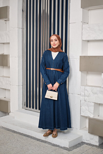 LOCCO Women's V-Neck Belted Dress Navy Blue