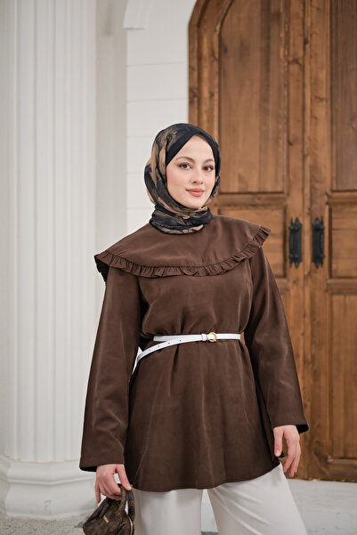 LOCCO Women's Ruffle Detail Stitched Tunic Brown