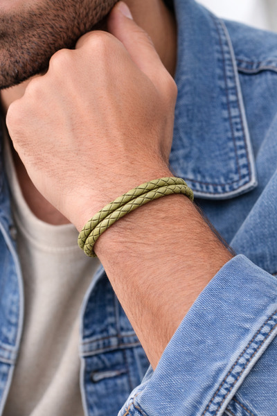 HER ŞEY NOTA www.herseynota.com Khaki Genuine Leather Braided Men's Bracelet ...