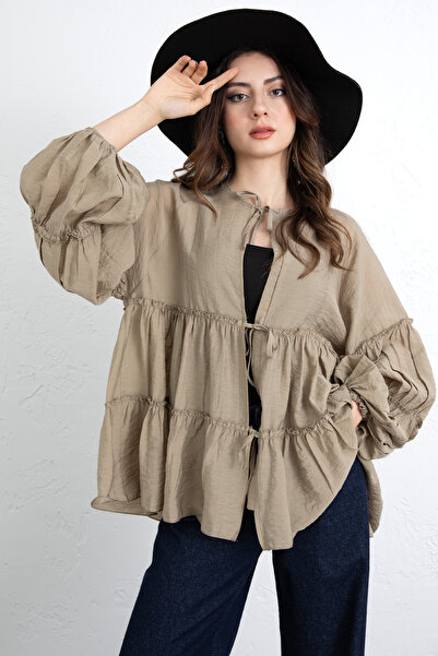 Salih Çelebi Lace-Up Layered Blouse 0073 - Khaki