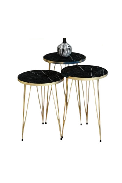 OKAE Black Marble 3-Piece Turkish Service Table Set with a Royal Black Marble...