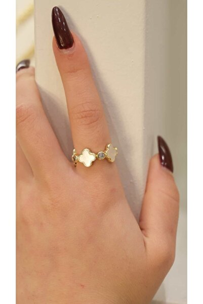Jerie Gold Yonca Model Mineli Adjustable Ring