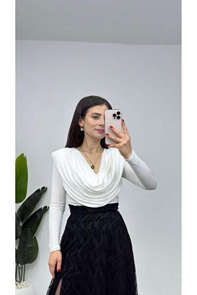 TUNAM BUTİK 2512 Draped Collar Long Sleeve Blouse Ecru