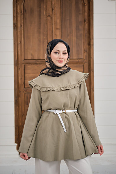 LOCCO Women's Ruffle Detail Stitched Tunic in Mold Green