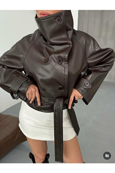 Orions Collection New Season Trend Double-Breasted Buttoned Leather Jacket