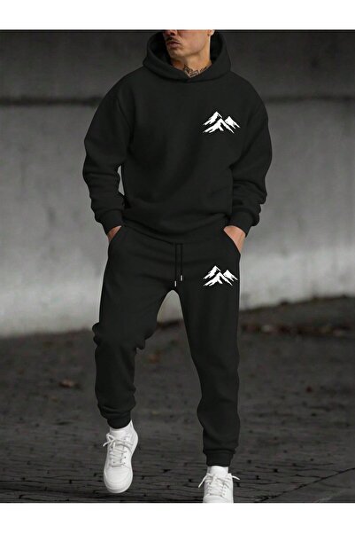 shams style Printed Men's Hooded Sweatshirt Top and Bottom Tracksuit Set