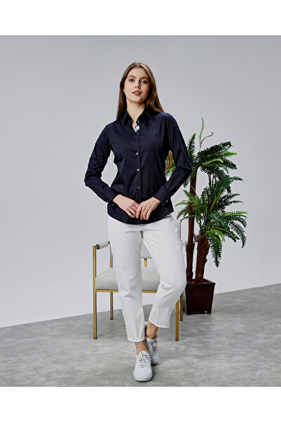 FARQIN Navy Blue Cotton Satin Navy Blue Burbery Fabric Detailed Slim Fit Wome...