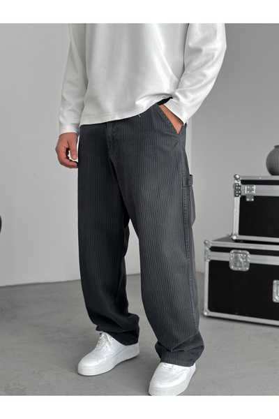 BYBASICMAN Pantaloni largi cu dungi și detalii antracit C-6581