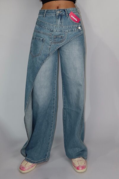 NicoleShop Wide Leg Jeans with Asymmetric Overlap – Denim Structure