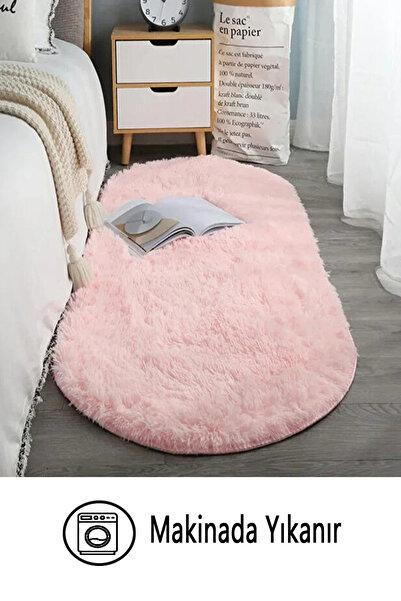Kupon Halı Pembe Oval Post Halı Peluş Yumuşak Kaymaz Dot Taban Yıkanabilir