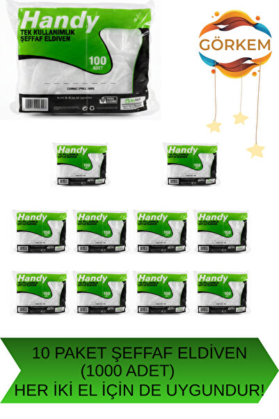 Handy 10’lu Set Şeffaf Poşet Eldiven - 1000 Adet Tek Kullanımlık Hijyenik Eld...