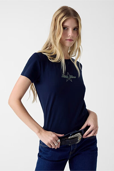 Guess Kadın Regular Fit Taşlı Logolu T-Shirt - Lacivert