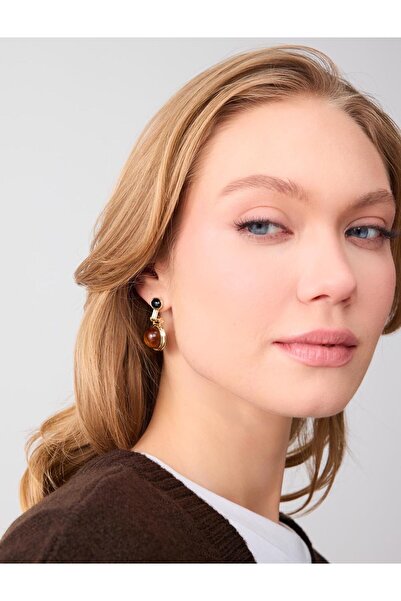 Jimmy Key Kahverengi Yuvarlak Taş Detaylı Sallantılı Küpe