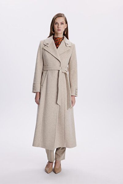 Zühre Stone Embroidered Collar Detailed Belted Beige Coat 13655