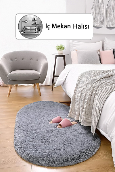 Kupon Halı Gri Oval Post Halı Peluş Yumuşak Kaymaz Dot Taban Yıkanabilir