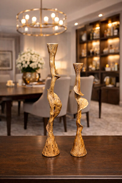 İSHTAR DEKOR DEKORATİF 2'Lİ KIVRIK ŞAMDAN - AHŞAP RENK - BÜYÜK 53 CM - KÜÇÜK ...