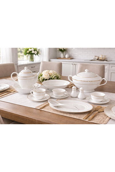 Dania Luxury white porcelain dinner set with gold rims – 70 pieces, enough fo...