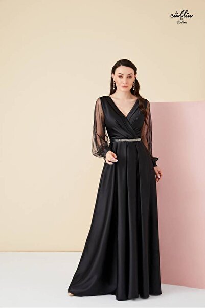 Stylish فستان من ستايلش راقي باللون الأسود بأكمام من التل وحزام أنيق مزين بال...