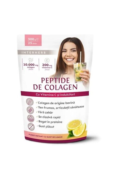 Interherb Collagen Powder 10,000 mg with Vitamin C, Lemon Flavor, 300 g