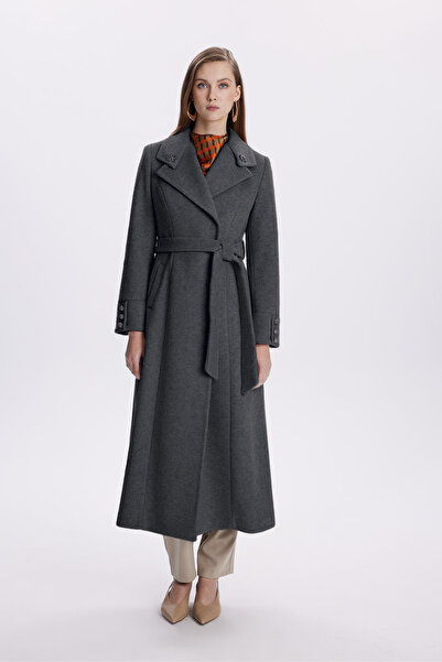 Zühre Stone Embroidered Collar Detailed Belted Smoked Coat 13655