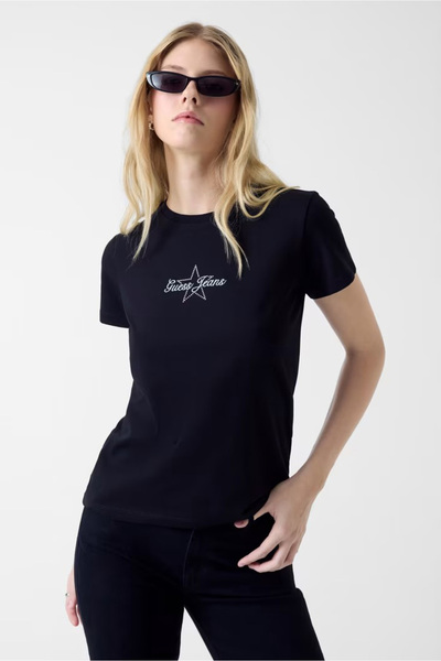 Guess Kadın Regular Fit Taşlı Logolu T-Shirt - Siyah