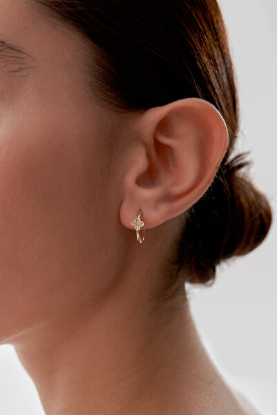 ADOR Altın Taşlı Mini Yonca Detaylı Küpe