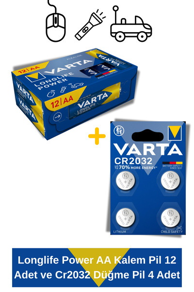 Varta Longlife Power AA Kalem Pil 12 Adet ve Cr2032 Düğme Pil 4 Adet