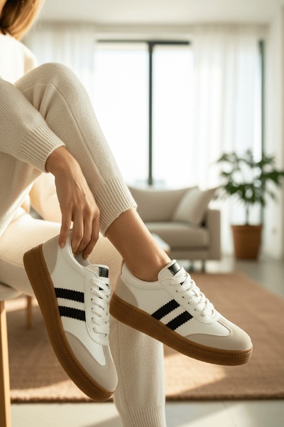 DURUNUN BUTİĞİ Ditle White Suede Sneakers with Stripes on the Sides