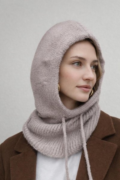 Şirin Giyim Aksesuar Balaklava Women's Thin Angora Wool Beret with Neck Collar - Lace-Up Hat Balaclava
