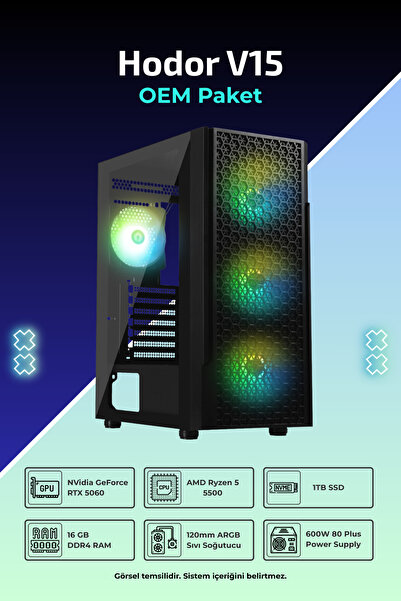 İncehesap IH Hodor V15 R5-5500 16GB RAM 1TB SSD 8GB RTX5060 FreeDos Masaüstü ...