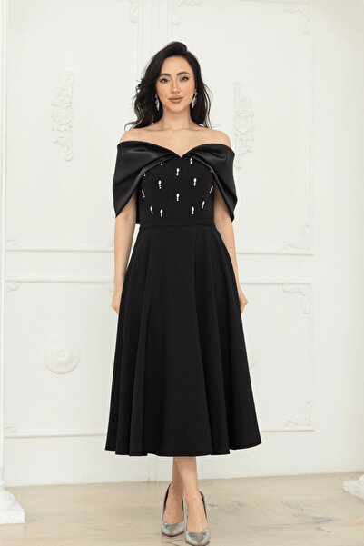 BEYBOS Φόρεμα μίντι από ύφασμα κρεπ με πέτρινη λεπτομέρεια - ΜΑΥΡΟ