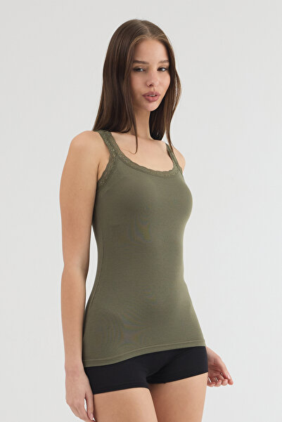 Malabadi Women's Green Thick Strap Lace Micro Modal Ribbed Camisole Undershir...