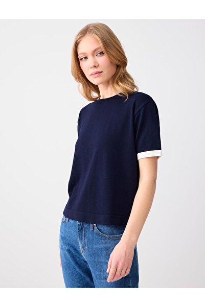 Jimmy Key Lacivert Bisiklet Yaka Kısa Kollu Triko Bluz