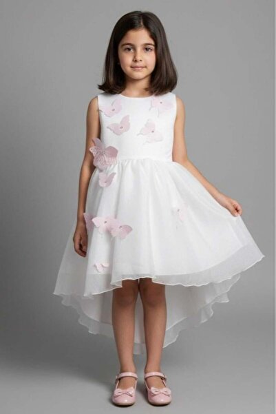 Alesaei-mondo tondo فستان بناتي أبيض بتصميم الفراشات البارزة S01180