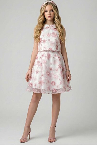 Alesaei-mondo tondo طقم سهرة بناتي مورد فاخر قطعتين باللون الأبيض والوردي S01286