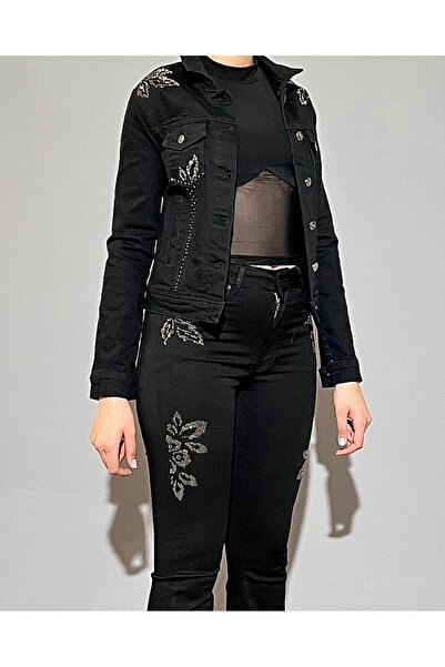 MYJEANSKOLİK Yüksek Bel Likralı Taşlı Jean Takım