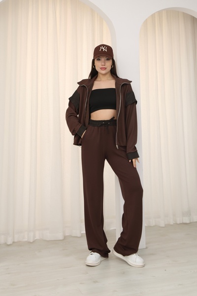 İgnites Brown Parachute Fabric Detailed Cardigan and Trousers Double Modal Set