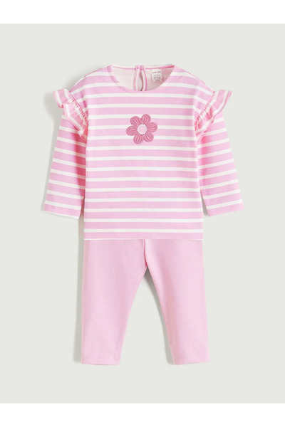LC Waikiki Lcw Baby Ecru Floral Embroidered Baby Girl Blouse and Leggings