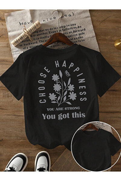 SUNFREE Choose Happy Back and Front Printed Crew Neck Short Sleeve Black Tshirt