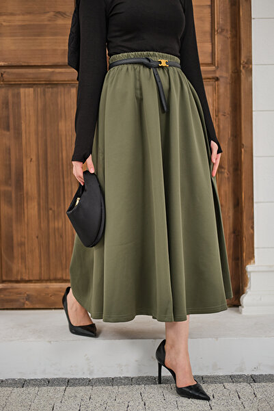 LOCCO Women's Elastic Waist Scuba Skirt Khaki Green