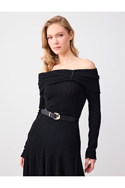 Jimmy Key Black Slim Fit Draped Collar Belt Detailed Knitted Blouse